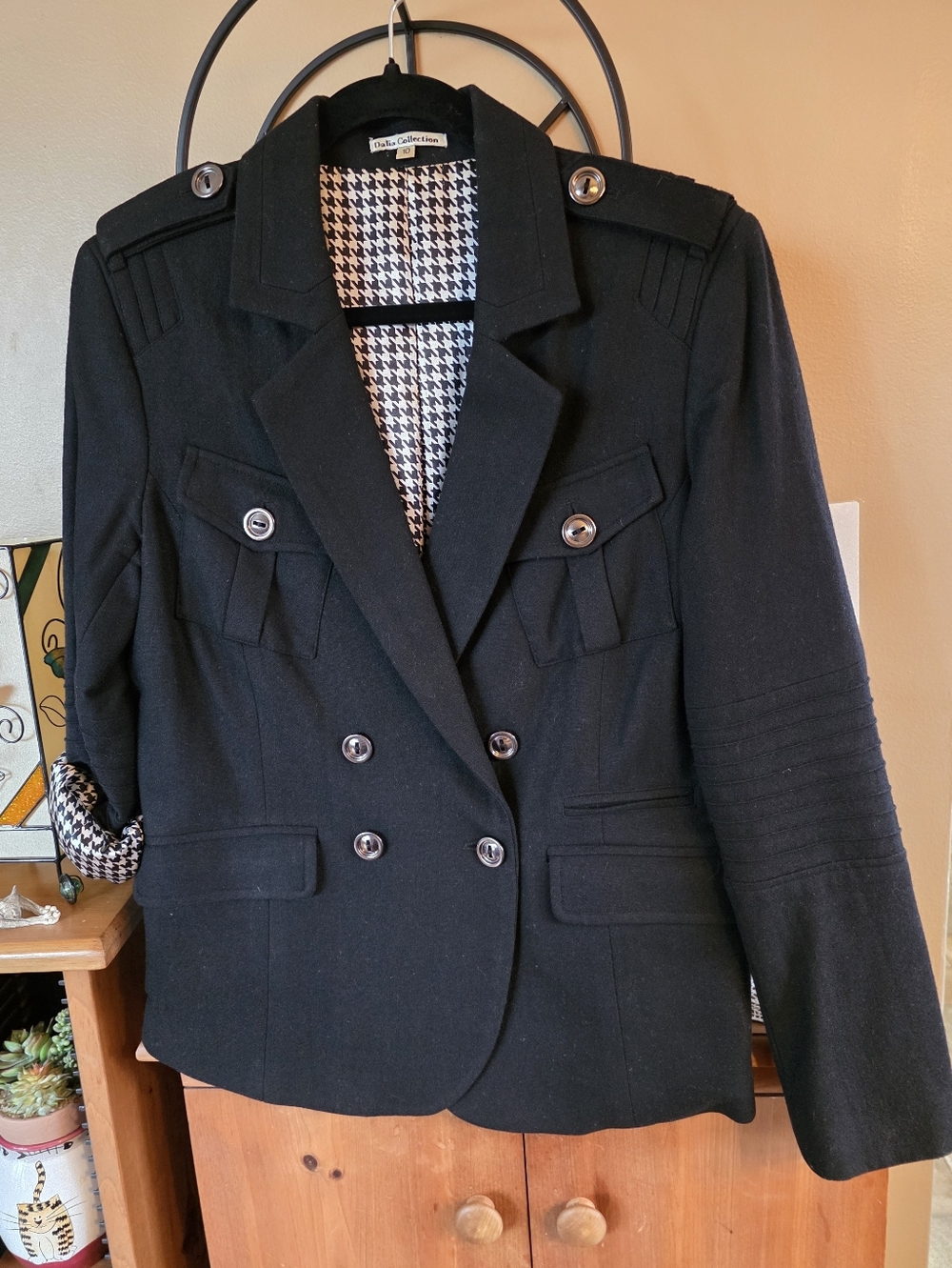Vintage Dalia Collection Black Military-Style Wool Double-Breasted Blazer Sz 10